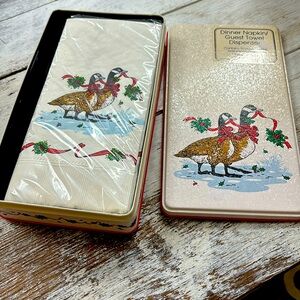VTG CHRISTMAS  Goose Towel and tin  Set Goose Wreath potpourri press